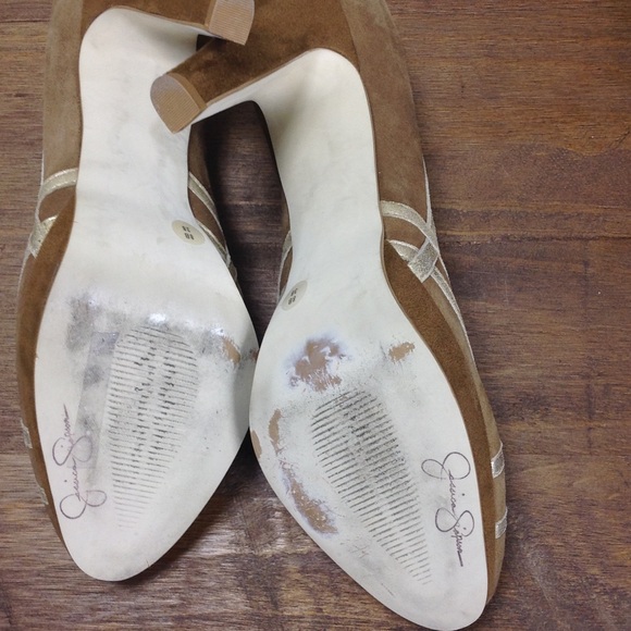 Jessica Simpson Tan & Gold Suede Platform Heels - Picture 7 of 8